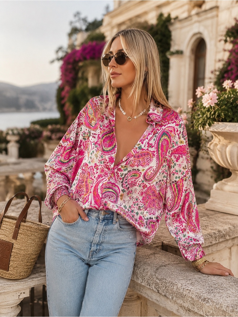 ZARA Satin Effect Pink Paisley Blouse NWT | Luxe Resort Button Front Top